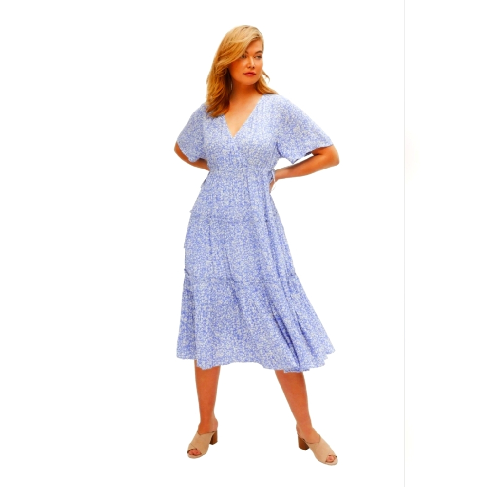 Womens Plus Blue Floral Ellos Tiered Midi Dress w/ Surplice Neckline Sz 16